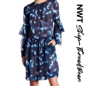 100% Silk [BCBG·MAXAZRIA] Navy Blue Floral NWT Midi Dress + Pockets | Small